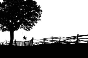 child boy on swing beneath tree, silhouette