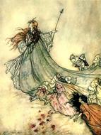 Beautiful and colorful book illustration of the Midsummer Nights Dream, of Shakespeare, by Arthur Rackham