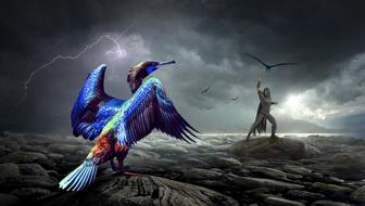 Fantasy collage with Birds and Human figure on stormy weather