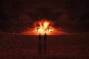 couple holding hands on meadow in view of fire in city, collage