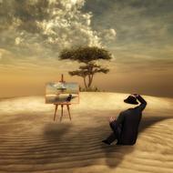 man with easel in the desert as a fantasy