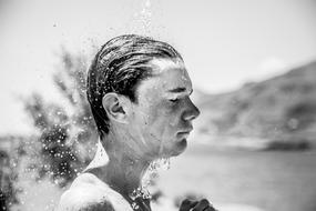 black and white, boy, spray, beach