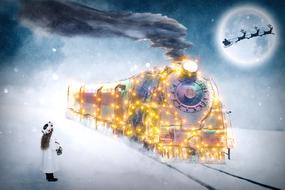 Child girl waiting illuminated steam locomotive at night, Christmas collage