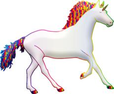 painted white unicorn with a multi-colored tail and mane