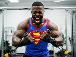 bodybuilder in a superman t-shirt in a fitness room