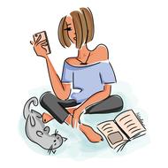 sketch of a girl with a book next to a cat