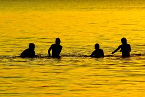 silhouettes of Boys Playing In Lake at Dusk