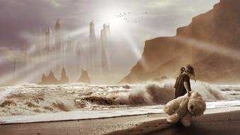 lonely girl with teddy on the beach