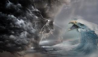 painted stormy sky and hawk-shaped ocean waves