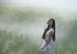 Girl on foggy Flowers Garden Improvement