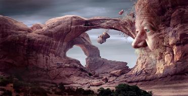 Mystical male Face on rock, fantasy Landscape, digital art