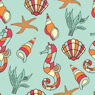 seaweed, starfish, shells, sea horse, colorful seamless pattern