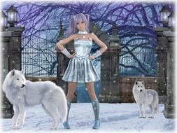 sexy young girl and white wolves in front of fence at winter, fantasy, collage