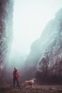 girl with dog in foggy mountains