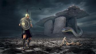 graphic warrior and large snake