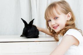 girl is stroking a black rabbit