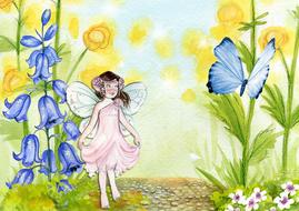 drawn fairy and butterfly on summer flower meadow