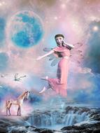 Beautiful and colorful clipart with the elf near the unicorn and birds, near the waterfall, at colorful sky, with the stars