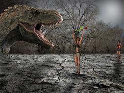 Dinosaur and girls near the plants