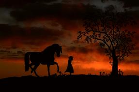 Silhouettes of the girl, with the horse, near the tree, on the beautiful landscape, at colorful dusk, clipart