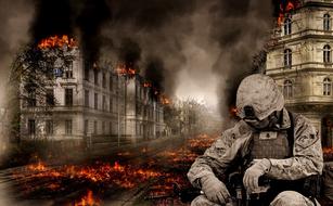 War, Soldier and fire on street, digital art