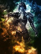 Drawing of a female warrior in Japan among the colorful lights