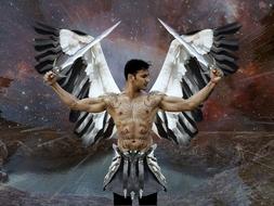 winged man with two swords, collage