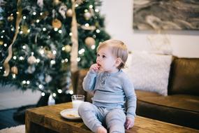 boy child on table and christmas tree