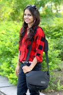 smiling long haired Girl in casual clothing outdoor
