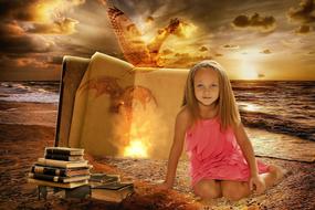 child girl posing at stack of books on beach, collage