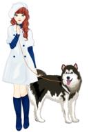 a girl in a coat with a husky dog