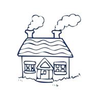 village house with two chimneys, drawing, black and white