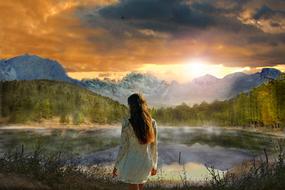 girl stands in front of Mountain Lake at colorful sunset, digital art