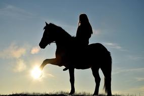 silhouette of girl on Horse back at sunset sky