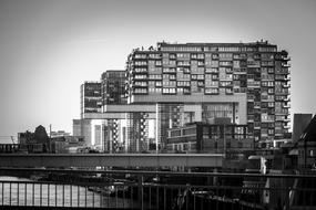 monochrome photo of buildings on the banks of the Rhine river, Germany