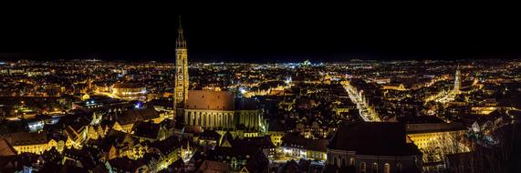 Historic Center of City at night, top view, germany, Landshut