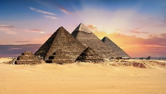 group of Pyramids at colorful evening sky, Egypt, Giza