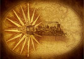 map of the world with compass and steam locomotive
