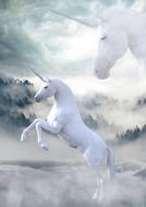 image of white unicorns against a cloudy sky