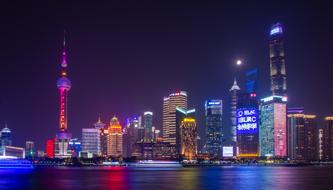 colorful shanghai night reflected in water