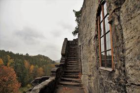 Beautiful, stone carved stairs of the castle, among the colorful nature