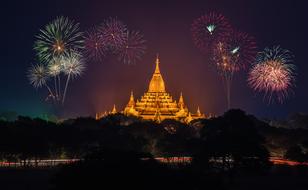 fireworks over the temple at night