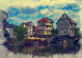 drawing of architecture and bridge over lake