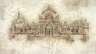 Beautiful, vintage drawing of the chateau in Chantilly, France