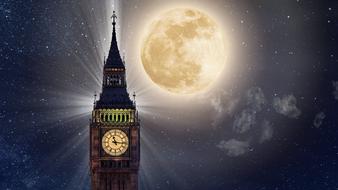 Big Ben tower at Full Moon night, collage