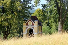 chapel among green trees on a sunny day