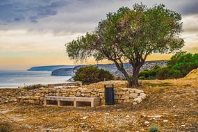 Landscape of wooden bench by the sea in Kourion in Cyprus