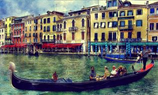 watercolor gondola with tourists on the venetian canal