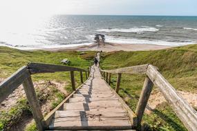 long wooden stairway from cliff to sea, Denmark