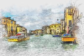 boats on the venetian canal in italy, watercolor drawing